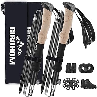 Bâtons de Randonnée en Aluminium 2 PCS, Baton de Marche Nordique Pliable Télescopique Antichoc Antidérapant 105-125 CM, Baton de Randonnée avec 4 Paires de Tampons Caoutchouc pour Trekking