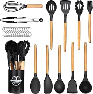 24 Pièces Kit Ustensiles de Cuisine, Set de couverts de cuisine, poignée en bois, résistant à la chaleur, Ensemble de Cuisine sans BPA, Antiadhésif, Noir (L, 24, Motif circulaire)