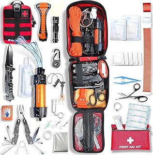 WONCROW ® Kit de Survie Complète + Trousse de Secours + Paille Filtrante + Sac + Pierre Allume Feu Couverture Pince Multifonction Outils Accessoire Militaire Boite Gadget Premiers Soins Pêche
