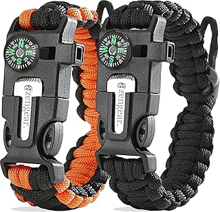 Bracelets de Survie en paracorde (Lot de 2) Allume-feu en silex et Acier, sifflet, Boussole, Longueur de Bracelet réglable pour Camping, Survie en Pleine Nature, kit d